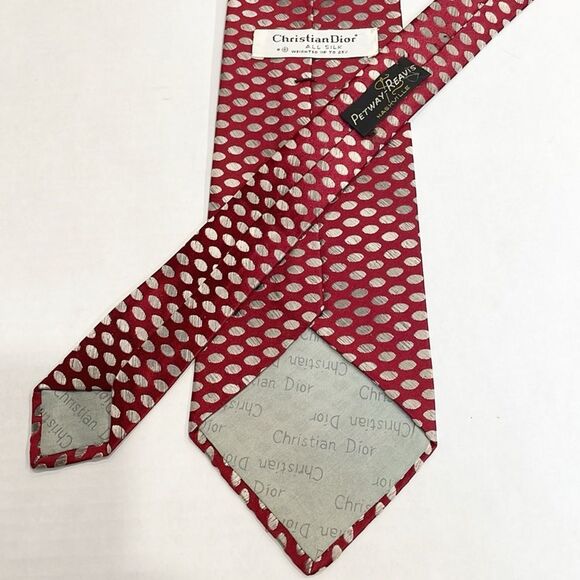 Vintage CHRISTIAN DIOR  All Silk Mens Neck Tie Red Silver Dot Weighted up to 25% - Picture 2 of 4
